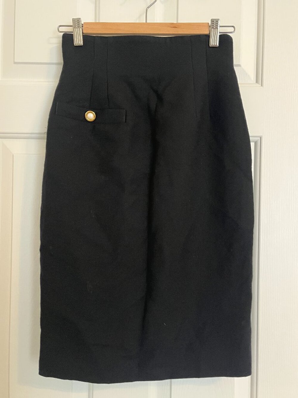 Vintage 80s High Waisted Virgin Wool Black Pencil Skirt with Button Detail Size6
